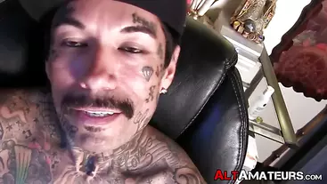 Inked goth dude shows off his firm body and masturbates solo