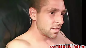 Amateur shows off his hairy cock in an interview and jerks