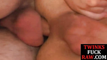 Cockblowing twink breeded before tasting cum