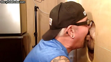 Cum in mouth loving gloryhole DILF sucks cock at home