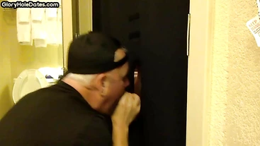 Gloryhole gaydaddy opens mouth for sucking BFs dick