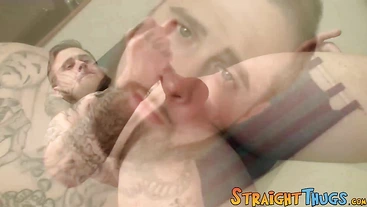 Jacque Gosling gets his shaved cock out and rubs it to a full hard one