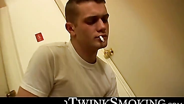 Jock Bryce Corbin oozed cum after blowing smoke and jerking in the hallway