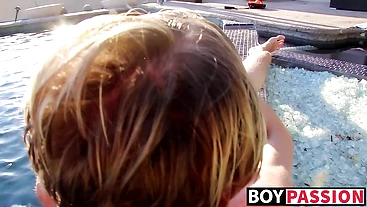 Blond twinky goes for a swim and then strokes his cock