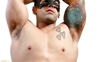 Tattooed masked homo sucked dry by deviant cock lover