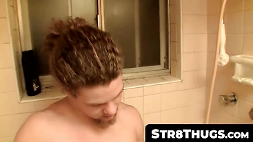 Str8Thugs.com - Straight hunk's shower-bound shaved cock wash and wank cum blasting scene