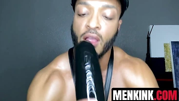 BLACK Dillon Diaz uses leather gloves to stretch his ass and milk his dong