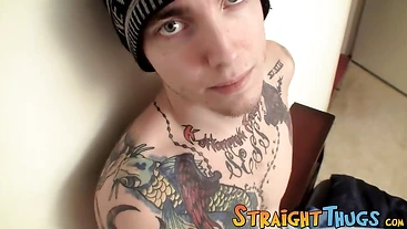 Tattooed straight jock stroking his hard cock for you