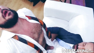 Suited Cristian Sam ass drills Little Brako deep in studio