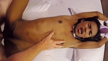 Shemale bunny swallowed big white cock and pleased big dick white client