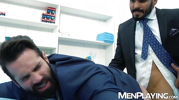 Bearded Dani Robles groans as big dicked Jean Franko plows him raw