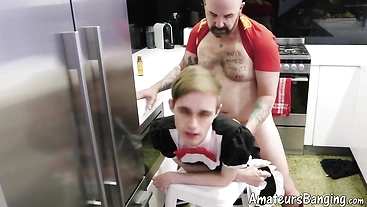Beefy Jaxon fuck cute twink Kaala in his playful housemaid costume