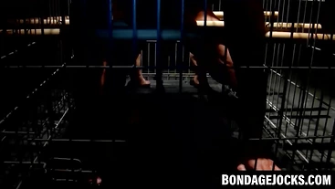 Blindfolded slave caged and dominated brutally