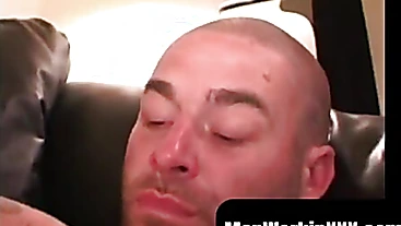 MenWorkinXXX.com - Bald stud with nipple piercings strokes his hard fat dick vigorously