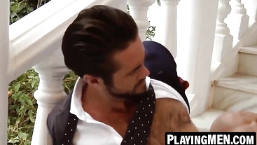 PlayingMen.com - Enzo Rimenez's cock jerking while riding Mike De Marko's cock