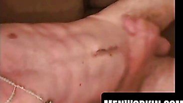 Inked pierced mature jerks and cums on his stomach