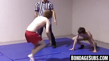 Submissive guy gets dominated by Master Tye in a hardcore wrestling match with Lester Braxston