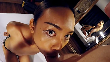 Big dick white guy enjoyed hot blowjob by naughty Asian shemale slut Amy