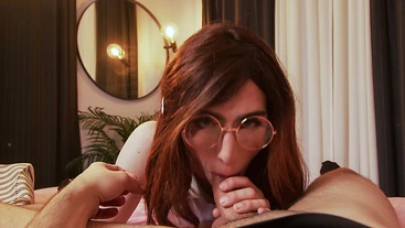Femboy Bookworm in Glasses Devours Cock on Bed