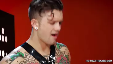 Tattooed Guy in Latex Pants Fucks His Bf