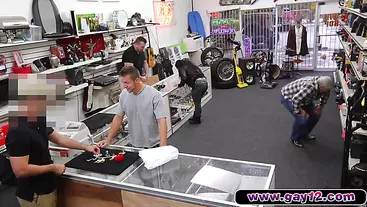 Hot guy strips in pawn shop and sucks cock