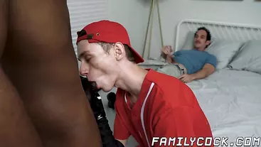 Twink stepson sucks black cock in daddy bareback 3way