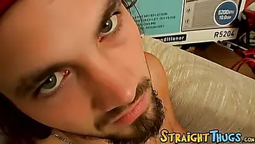 Straight thug strokes his penis until he has strong orgasm