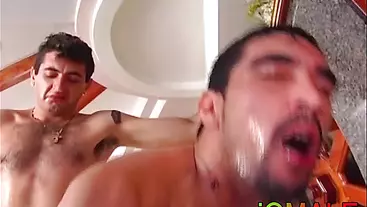 Bearded Latino masturbates while he is bare penetrated doggy